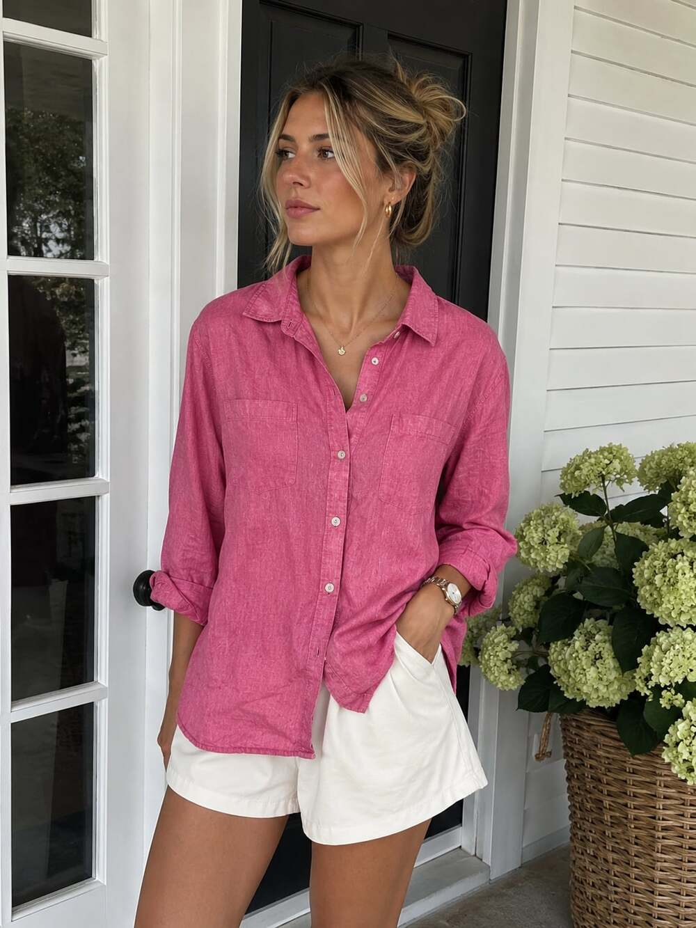 Rachel Zoe 100% Linen Pink Button Front Shirt Coastal Prep Resort Medium